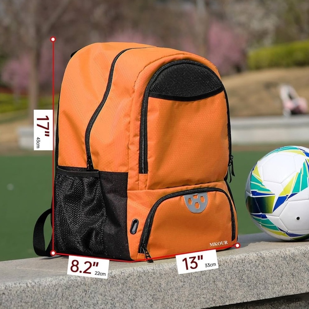Mkour Soccer Bag Vibrant Orange and Black Sporty Backpack